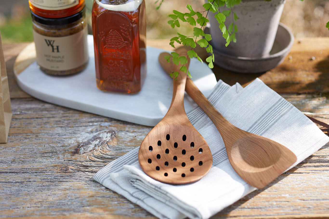 Olive wood strainer spoon, skimmer